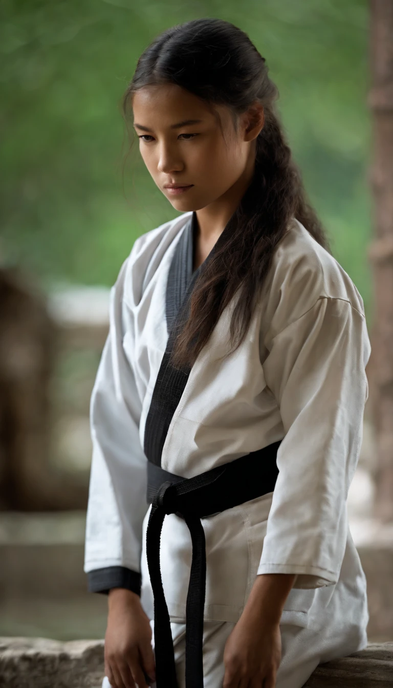 A dark-haired, 1girl in, Empty-handed home,Detailed movements,athlete,fluid and powerful body,Wearing traditional karate gi,Black belt,Deep Focus,Master of martial arts