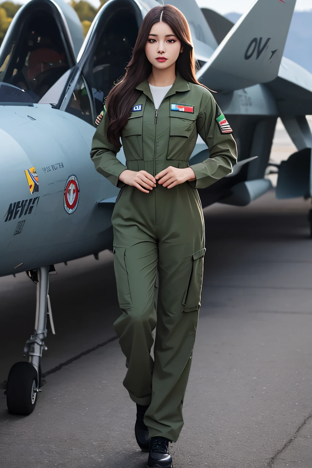 ((best quality)), ((masterpiece)), (detailed), perfect face, Airforce jumpsuit, standing, full body, front view, dark green uniform, fighter plane background