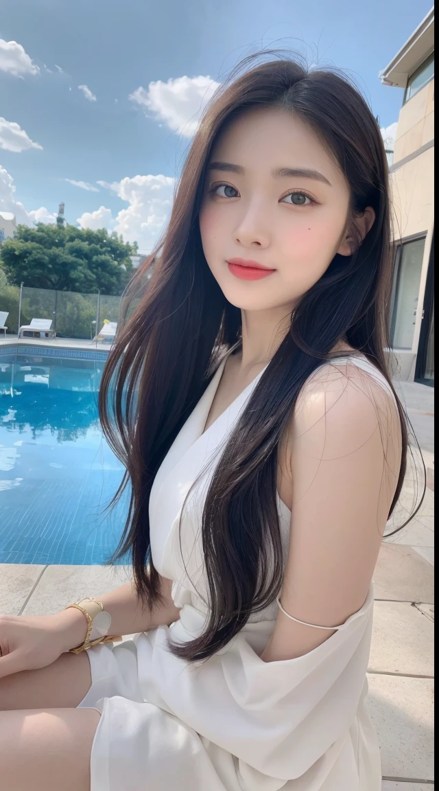 (top-quality, 8K, tmasterpiece:1.3)), A pretty maiden，pure，Melon seed face，gentle and cute，A sweet smile，Pure desire，Thin stature，(Street)，staring right into camera，校服, inner strength, formal，Black silky long, layered long hair，Long hair spread over shoulders，bigger, Round, 黑The eye，clear big eyes，Hydrated red lips，Sweet，Sitting next to the pool，with blue sky and white clouds，blue-sky，