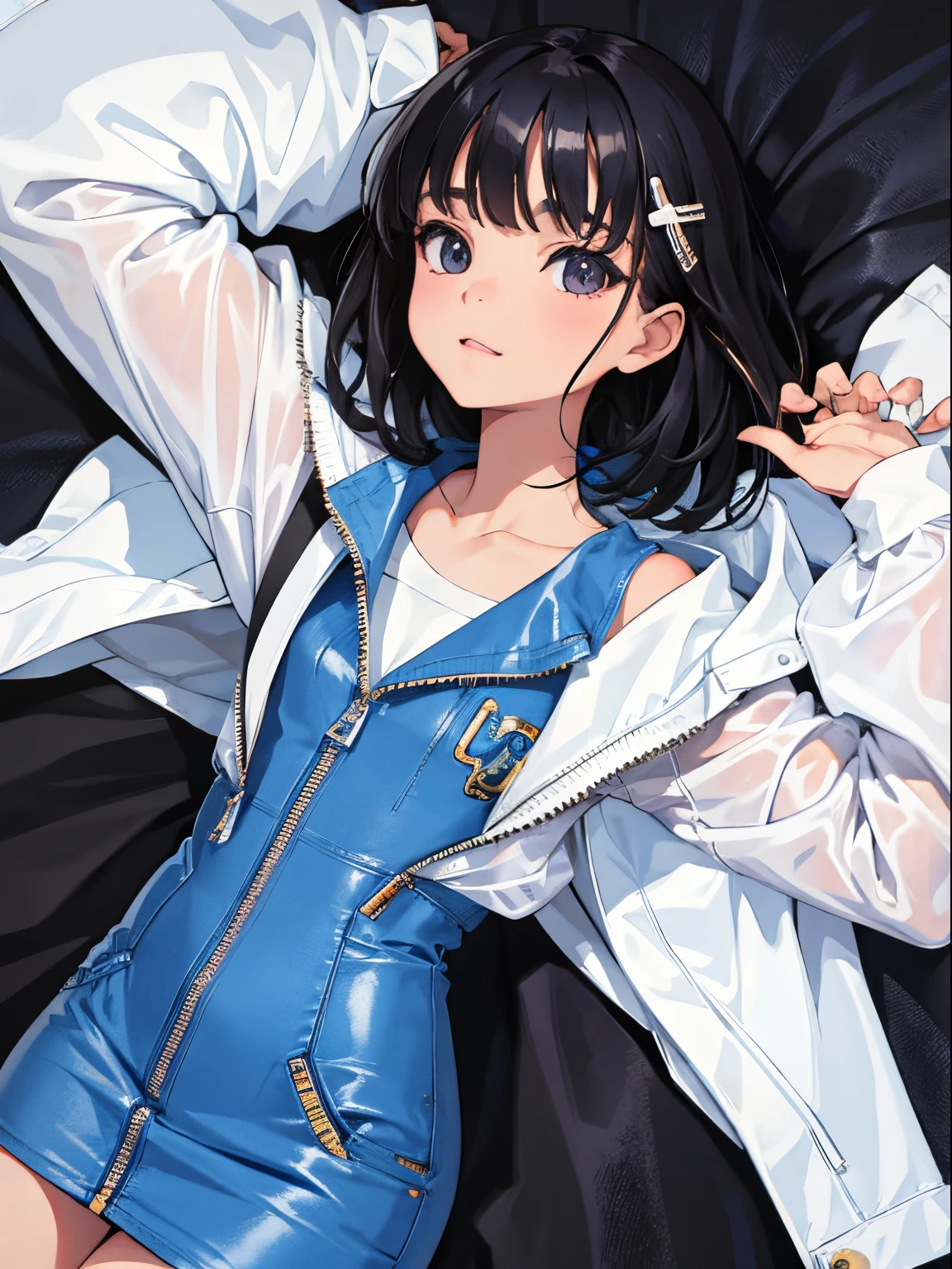 (child:1.2),(masterpiece,Highest Quality),denim zip up dress,A dark-haired