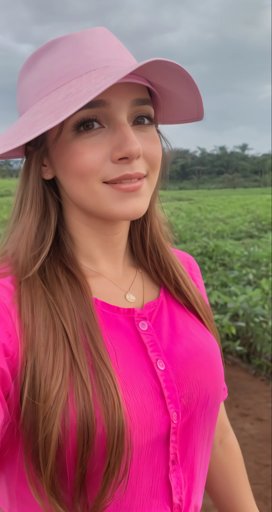 a close-up of a woman in a pink shirt and a pink hat, vestindo roupas de fazenda, low quality video, Mulher de 30 anos de Cuba, no campo, Parece Fabiula Nascimento, tiktok video, 🐎🍑, She is wearing a hat, Pokimane, wearing a chocker and cute hat