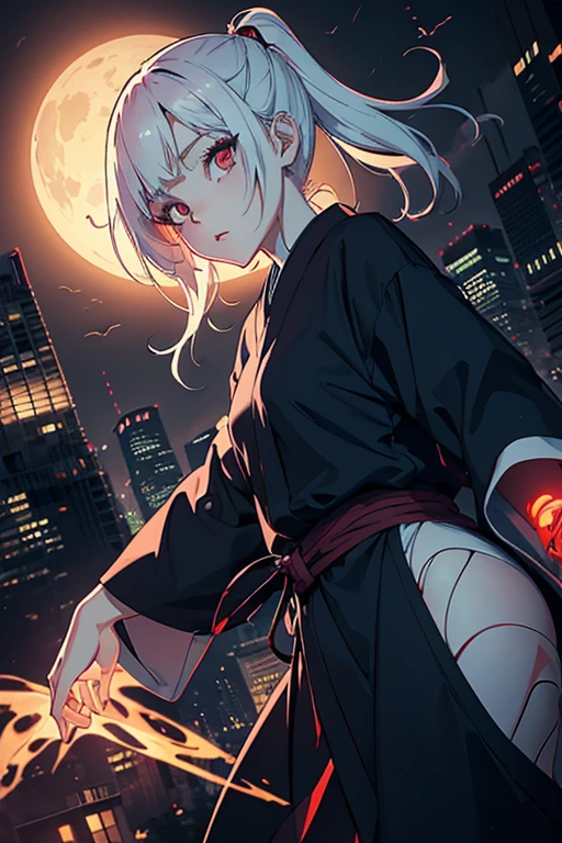 masterpiece, high resolution, (Draft cartoon style), (wallpaper), (Diverse angles), Outline warm color, drawing style, eerie, Woman with Japanese ghost, horror factor, medium, (animation), Distinctive hair style, Creative accessories, Background is city, 8k, palm shape