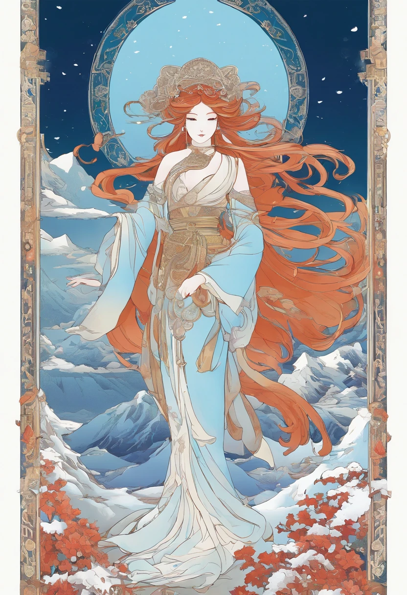 Kikugohime Hakusan, Goddess standing on a snowy mountain Hakusan. The background of Kikukurihime is a cloudless blue sky.。