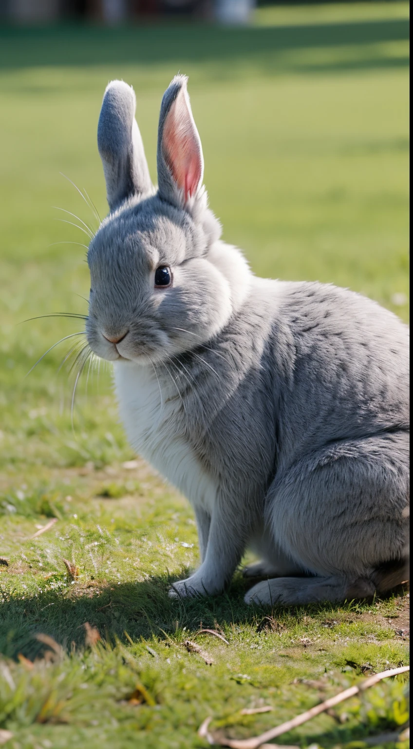 A gray rabbit on the grass