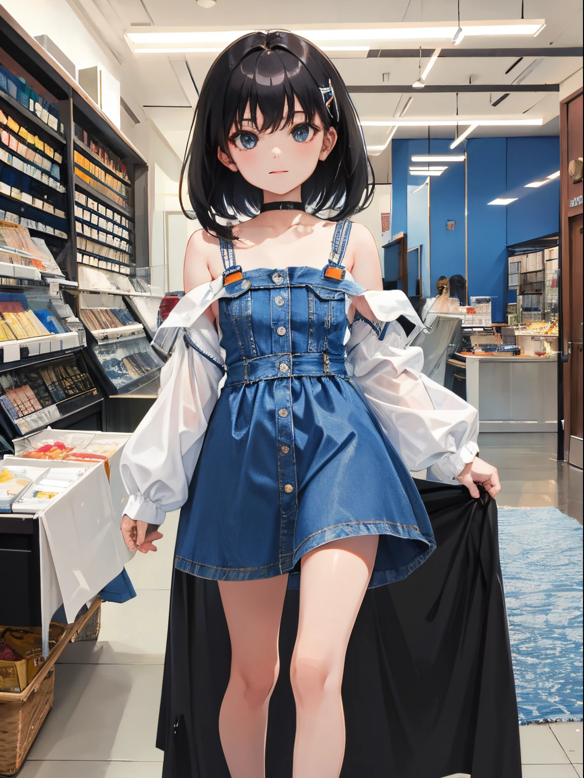 ,(masterpiece,Highest Quality),(denim zip up dress:1.4),shortsleeves,A dark-haired