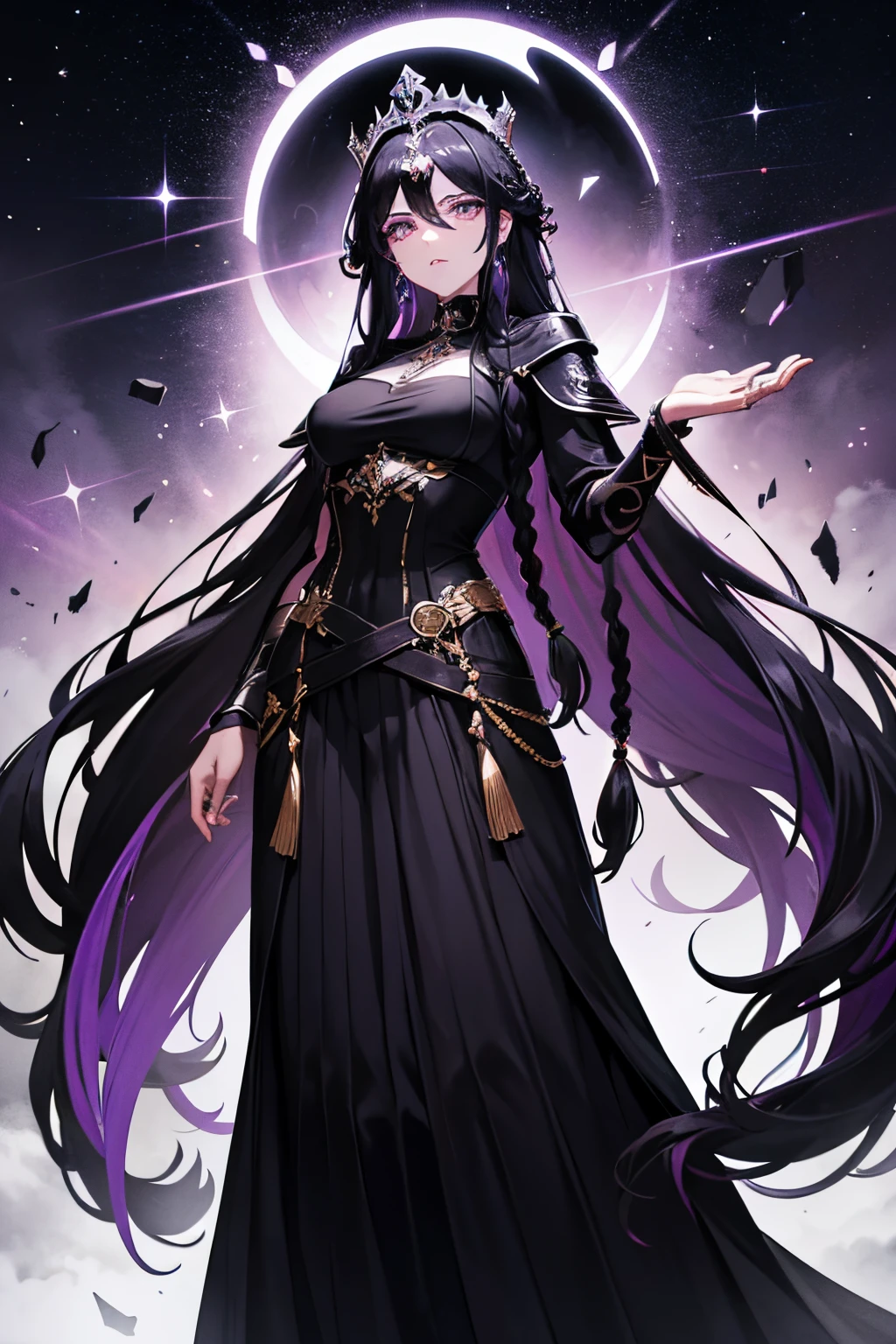 The goddess of destruction,harsh and cold,beautiful face,long braided hair,black hair,purple tip of the hair,powers,masterpiece, fully clothed, long skirt, black clothes, royal clothes, 24 years old, wearing black crown, galaxy, dark effect, darkness