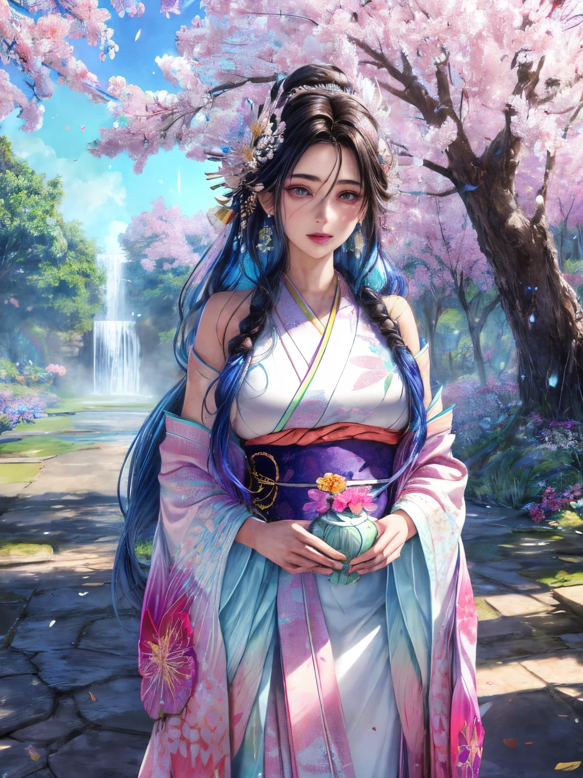 shukezouma, octane render, hdr, (hyperdetailed:1.15), (soft light, sharp:1.2), 1girl, beautiful girl, ultra detailed eyes, mature, plump, thick, rainbow painting drops,splat, splash, long colored hair, ultra detailed texture kimono, (hair ornaments, earrings, flowers hair ornaments, butterflies hair ornaments), outdoors, sakura trees, full body