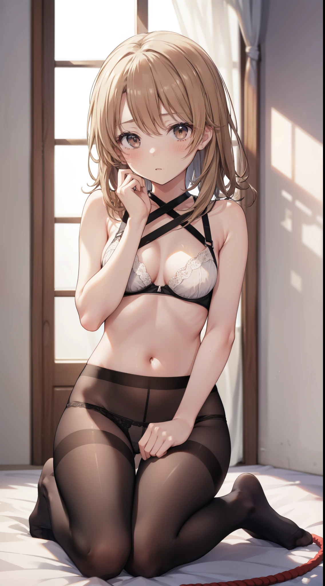 iroha isshiki、A 22-year-old girl with a slim and tall body who seems to be in pain as her hands are tied with dark gray rope in the basement.、独奏、Full body portrait from head to toe、Composition from the front、small tits、very long light brown hair、Pained look、watching at viewers、black pantyhose、black tights、white panty、Pure white panties、White bra、Pure white bra、No shoes on、White panties are visible、inside in room