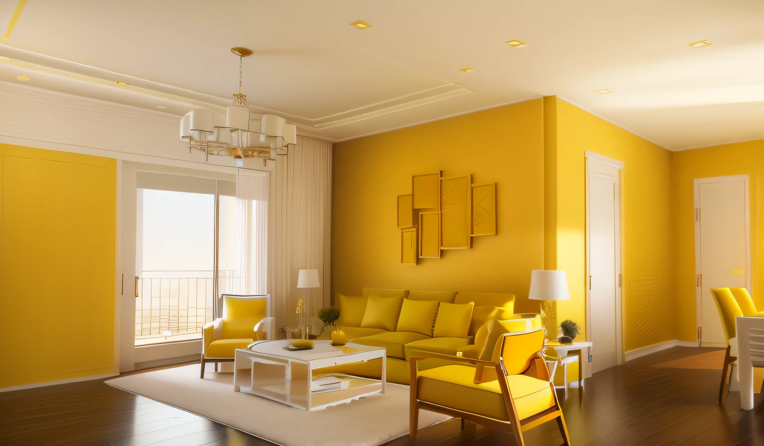 Arafad view of living room with dining table and chairs, luxury condo interior, living room interior design, precise architectural rendering, Cosy furniture, bright yellow color scheme, popular interior design style, yellow color scheme, high quality 3d render, high quality 3d render, Photorealistic rendering, Modern look, The walls are based on white