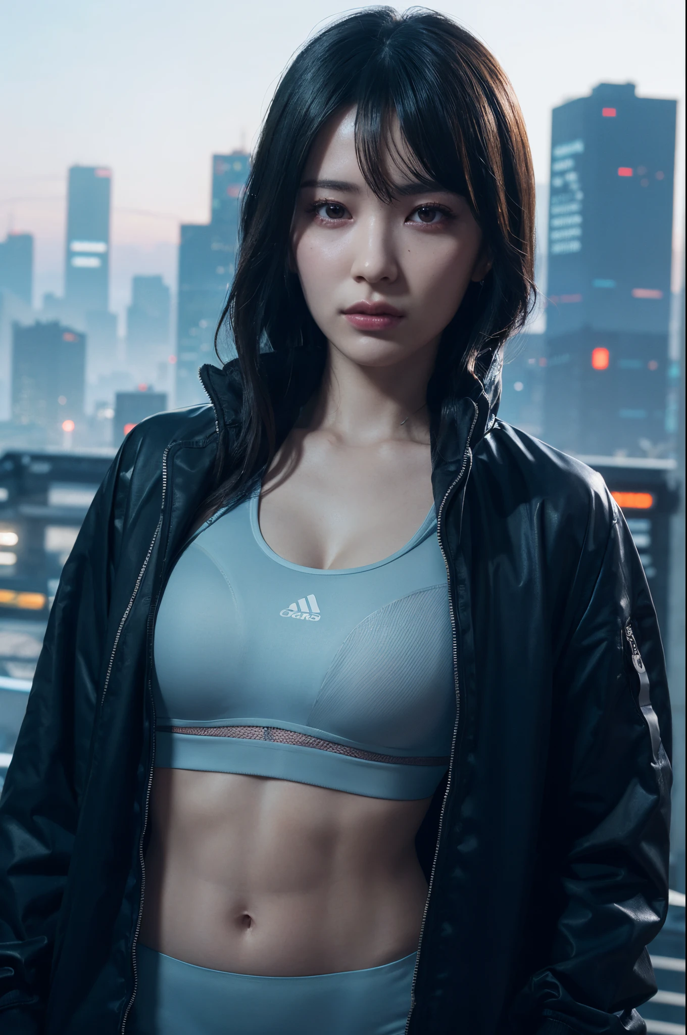 Sports Bra, sports jacket, Sweatpants, , (cyberpunk setting: 1.2), makeup,, (1 girl: 1.4), Best Quality, masutepiece, (reality: 1.2), Young Woman, Lady, Detailed face, Detailed eyes, detailed hairs, Detailed skin, Looking at Viewer, Dramatic, Vibrant, Sharp Focus, 50 millimeters, F1.2, EOS R8, (3/4 body: 1.2), Standing, (Complex background: 1.6), (Best Quality Detail: 1.2), 8K HD,