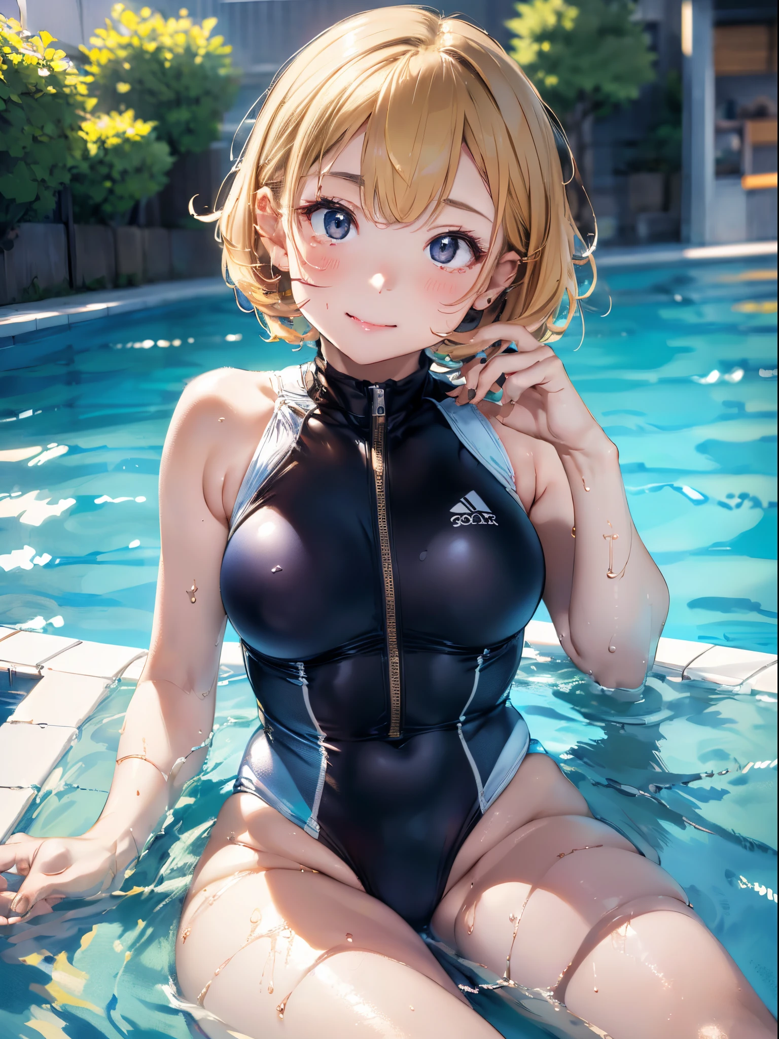 (Best Picture Quality, 4K, High Quality, Masterpiece:1.2), ((Masterpiece)), High Detail, High Quality, (HDR,16k, RAW Beautiful Girl Portrait, Best Picture Quality, Masterpiece:1.2), (Ultra-Definition Illustration), extremely cute, round face, (Petite girl:1.1), poolside, (blond wavy short hair), swimsuit,