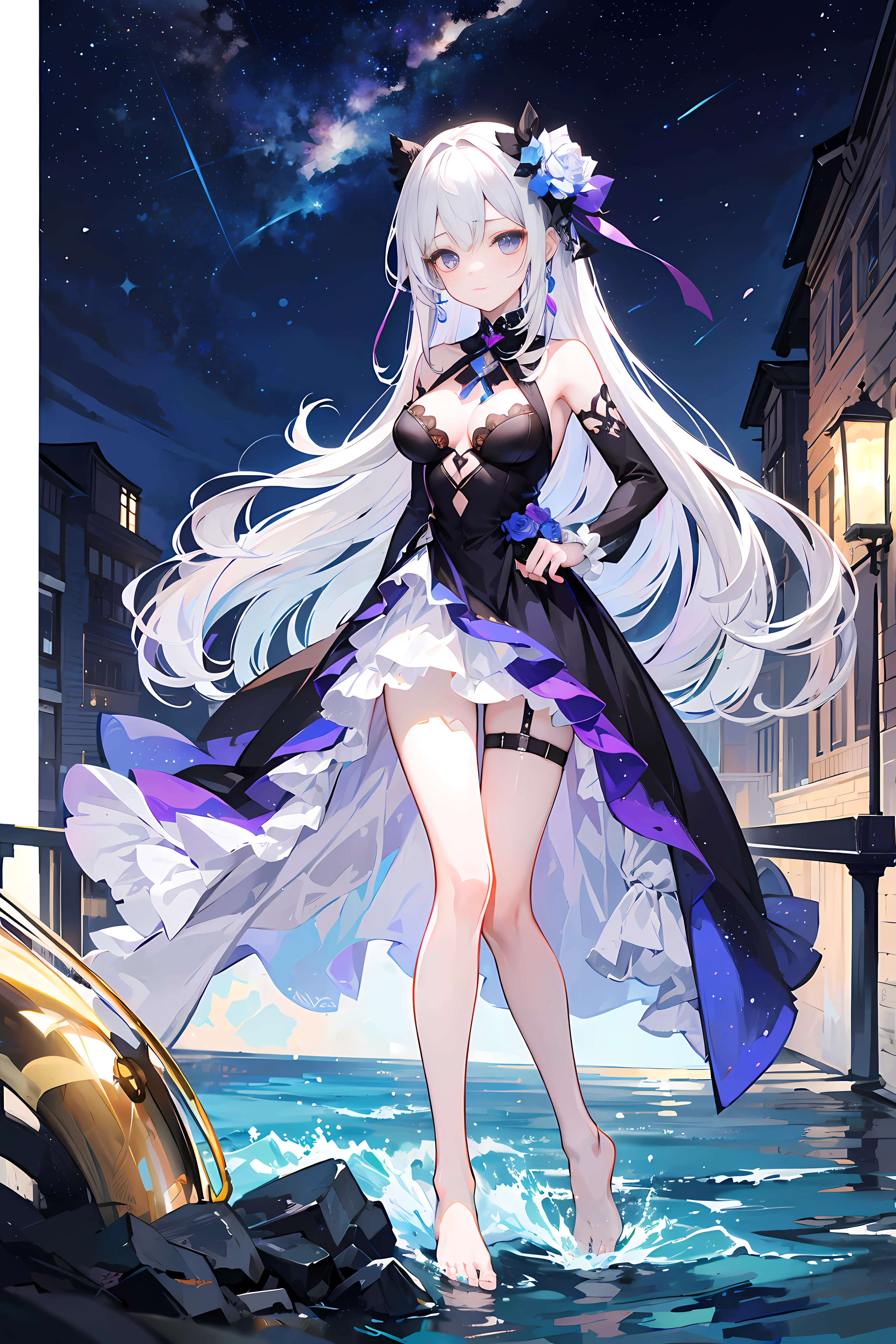 Lilac gradient hair,Asymmetrical hair,((Hair is very thick 1.8,Hair is well-defined1.6)), Hair over the shoulder, messy hair, Very long hair, shinny hair,(Long gray hair:1.2),A beautyful girl,(Luxury Platinum Mini Ultra Short Platinum ta,Made of transparent material),(Transparent clothes transparent 1.8),perfect body figure,big thin legs,slenderness,(looking sad,Haggard complexion ,grieves,close your mouth:1.2) Against the backdrop of an unusually bright dark starry sky,(Place your hands behind your back),(Round,tuba, firm breast),Barefoot,afloat,waterface,(long leges,long leges,long leges,Perfect leg shape),Full body photo。