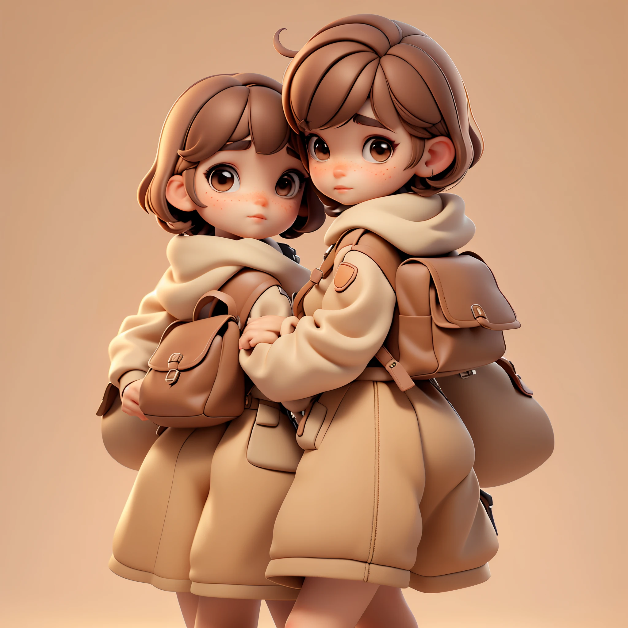 3dcharacter, 2 girl, Gamine, sisterhood, freckle, Hazelnut eyes, damage, (full bodyesbian: 1.2), simple background, masterpiece, top-quality, (gradient background) brown brown hair. glad, short-haired, brown, rucksack, Walking hand in hand,walk from left to right, pointing to the right,