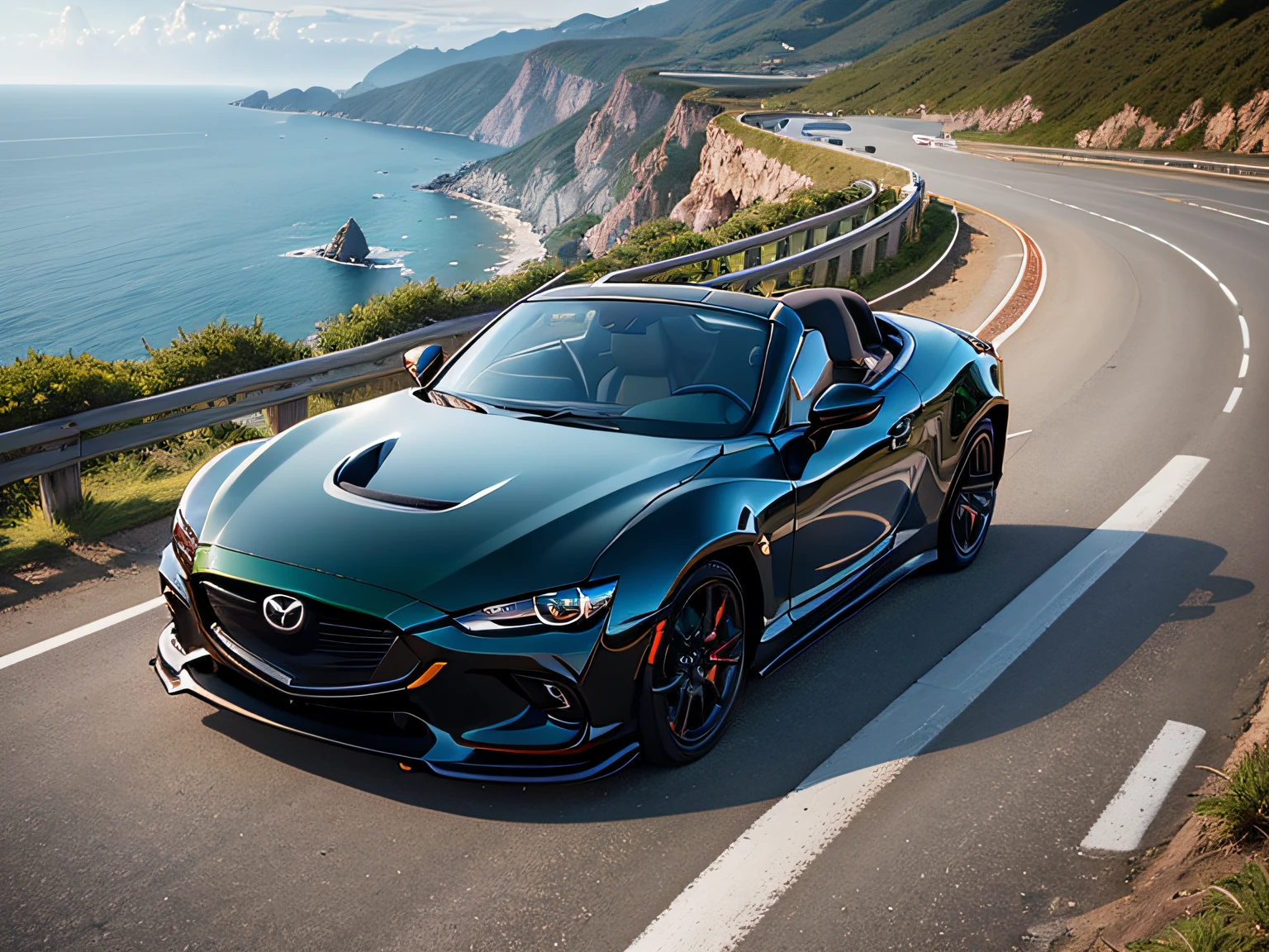 超A high resolution、An ultra-high picture quality、8K、Detailed details、marvelous expression、early summer coastline、Beautiful fresh greenery and lapping waves、A red car runs gracefully on the mountain pass road along the coast.......、((Mazda RX-9 Convertible 2023 ))