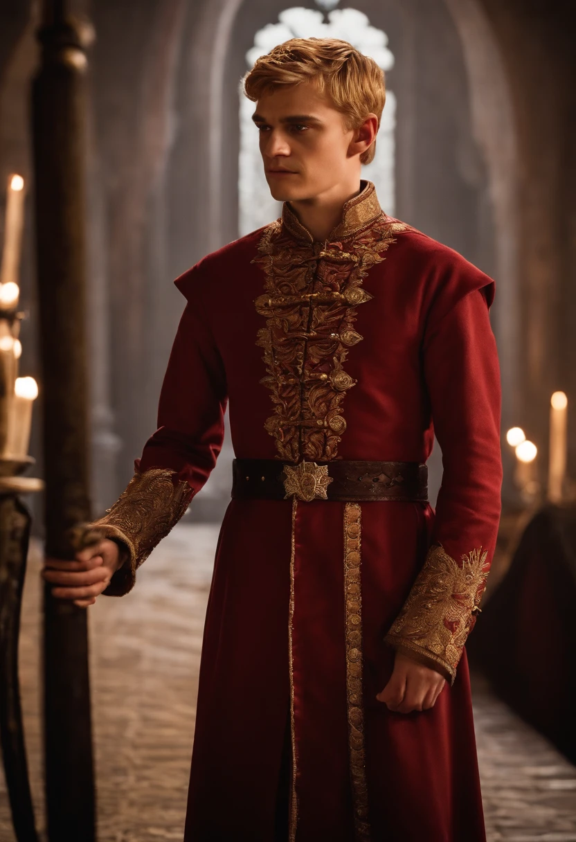 A video of Joffrey tormenting a prisoner in the dungeons.,Game of Thrones TV series,Joffrey Baratheon, a character from “Game of Thrones,” presents with the fair-haired, aristocratic looks typical of the Lannister lineage, often displaying a smug, self-satisfied expression that mirrors his entitled demeanor. His youthful appearance is contrasted by a cold, sneering countenance, and he is usually adorned in lavish, regal attire befitting his status as a prince and later a king., male