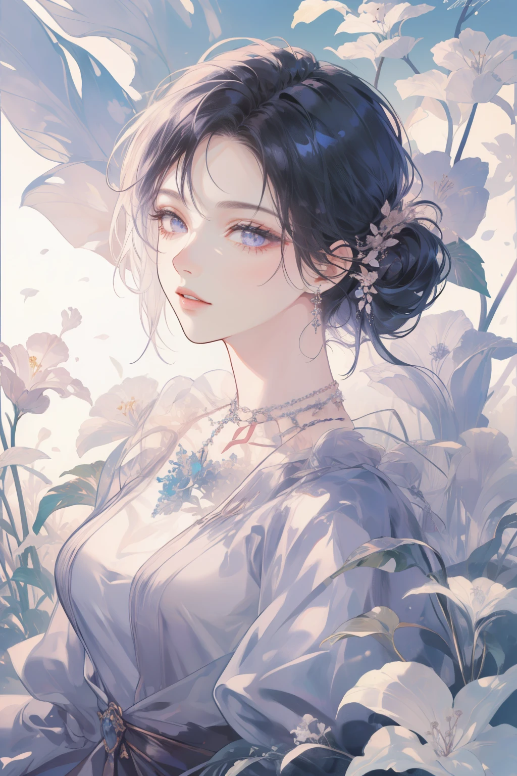 (best quality, 4k, highres, masterpiece:1.2), elegant dynamic portrait of a stunningly beautiful girl with blue hair gracefully tied up, adorned with jewelry, diamond necklace, (wearing a voluminous cloak), clear purple eyes, (hair adorned with exquisite floral arrangements, crystal jewelry strands), ultra-detailed.