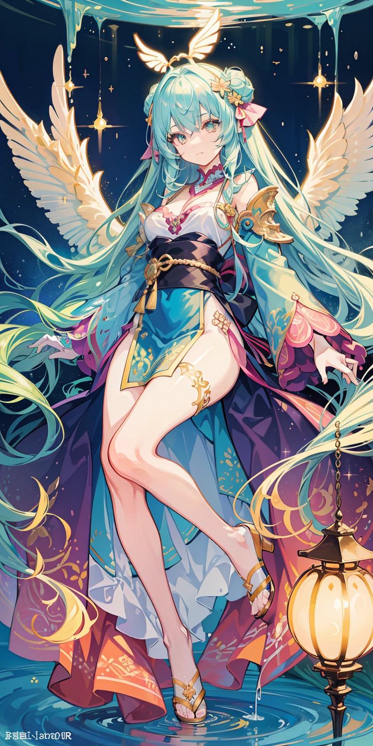 tmasterpiece, Best quality, Focus sharp, 8K, Intricately detailed environments, Japanese cartoons, Watercolor illustration, Colorful, vibrant with colors, Whimsical, glowing lamps, Liquids are otherworldly, fairy lights, Beautiful girl wearing flowing liquid glowing dress, is a perfect face, the golden ratio, Eyes are bright, aquarelle, liquid light, the angel's wings
