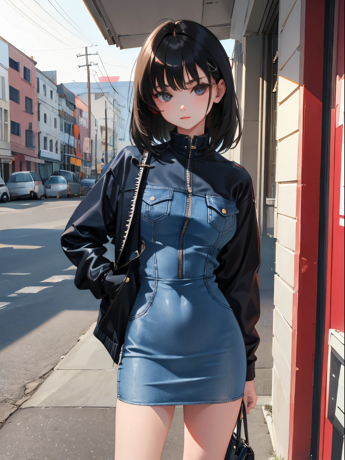 (:1.2)，is standing，（​masterpiece，Highest Quality），（denim zip up dress:1.4），pencil skirts，shortsleeves，A dark-haired，outside of house