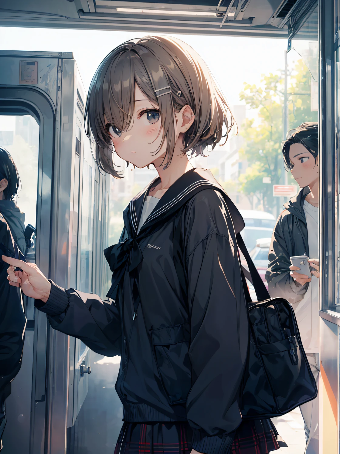 top-quality, anime moe art style,Best Anime 8K Konachan Wallpapers,Pixiv Contest Winner,Perfect Anatomy, (Draw a girl sleepily walking to school. ),BREAK, 1girl in, (Solo,Lori,,15yo ent:1.3),High school students, Short hair, Forehead, (Hair over one eye:1.4),Full limbs, complete fingers,medium breasts, groin, Small eyes,Precise black eyes, hair clips, Sailor Uniform, Skirt,Summer route to school. BREAK,Ultra-detailed,High resolution,super detailed skin, Professional Lighting,8k eye details, (Cute illustration:1.2),