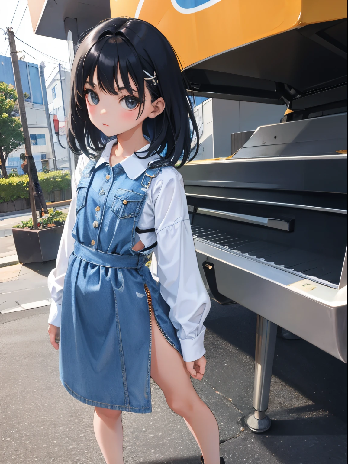 ((simplified wrinkles)), (straddling to hit her panties against onto the pipe installed on the ground), orgasm, lean back, open mouth, drooping eyes, realistic skin, (shirt, apron, skirt, panties), tiny earrings, open legs, raise leg, aerial angle,