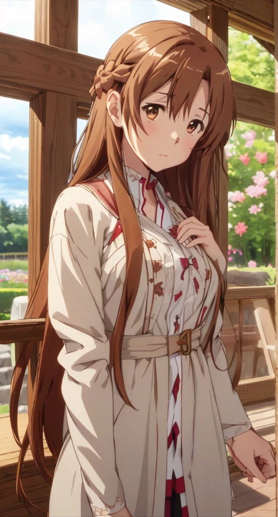 yuuki asuna, kizukiai, brown hair, brown eyes, large breasts, long hair, braid,((masterpiece,best quality)),(1girl, solo:1.4),beautiful detailed eyes, vivid, cloudy sky, flower, anemone \(flower\), daffodil, hyacinth,falling petals,
