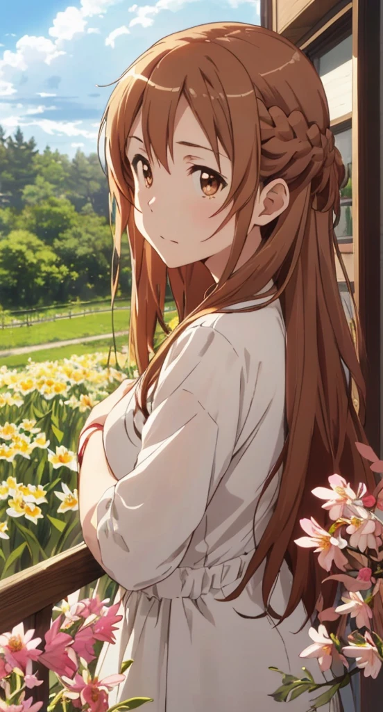 yuuki asuna, kizukiai, brown hair, brown eyes, large breasts, long hair, braid,((masterpiece,best quality)),(1girl, solo:1.4),beautiful detailed eyes, vivid, cloudy sky, flower, anemone \(flower\), daffodil, hyacinth,falling petals,