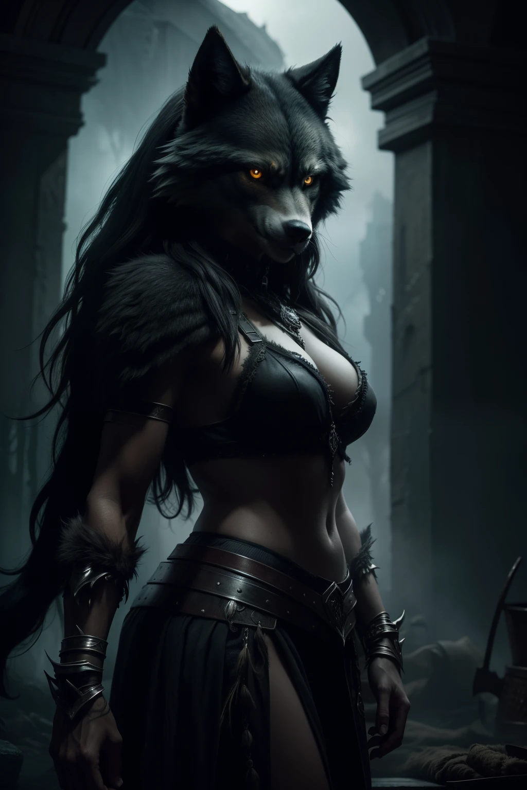 Werewolf woman warrior intricate details, HDR, beautifully shot, hyperrealistic, sharp focus, 64 megapixels, perfect composition, high contrast, cinematic, atmospheric, moody