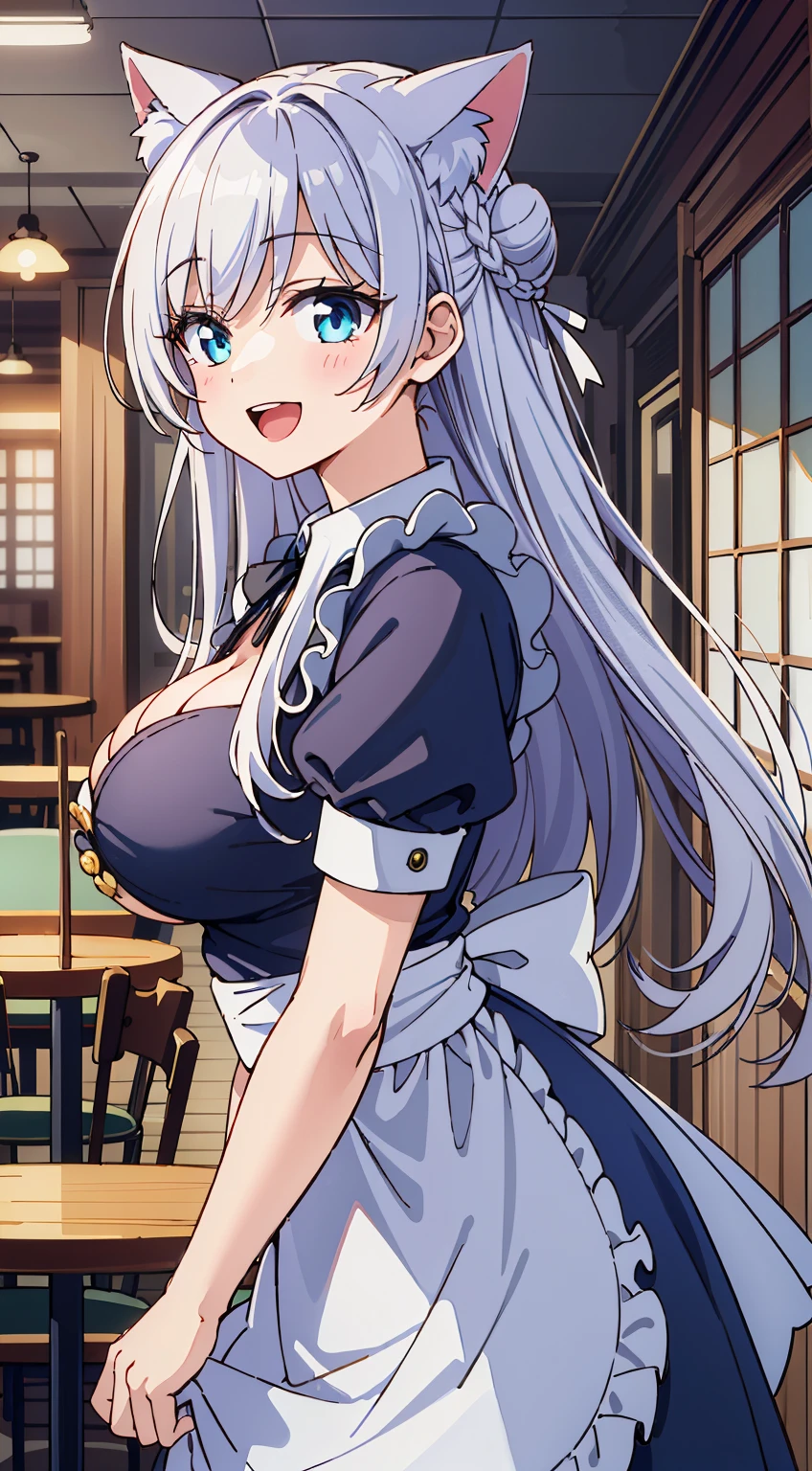 (Cute illustration:1,2),(Absurd realistic structure details),(High resolution complex and detailed text quality),(High-resolution microstructure、High poly 3 boobs boobs boobs boobs D rendering correction),Methods of geometry,Careful explanatory anatomy,
BREAK,
1 beautiful girl, 1girl in, (Cute:1.5),(Cool:0.8), (Beauty:1.5),(Chibi:0.5), ( girl), (girl, Older sister, Unclear, Beautiful face of Japan:1.2) BREAK, (A detailed eye,Tsuriformes:1.2),(Silver hair,Long hair in a bun,Deco:1.8), star eye silhouette, (long eyelashes, Double eyelids:1.2), cleavage, ,Swaying udder, Clear skin, Beautiful skin, Shy, Erect ,Clear skin, Beautiful skin, Shy, gleaming skin,(best quality face),(Top quality glowing eyes),(The best smile,:D:1.45), BREAK (Pink Theme:1.4), (Vivid colors:1.3), A cafe with girls wearing maid outfits and cat ear headbands.,
BREAK,(early evening),is standing,a closed mouth,(architecture, cafes,Cat Maid,The table,shop front,working cat ear maid,Menu table above table:1.55), Waterfall,depth of fields,
BREAK,wakame,wakame,wakame,(Dynamic Angle:1.4),
BREAK,(Blurry background:1.3),(absurderes, hight resolution, Super Detail Art),cel shading,Clear Color, Lonely optical effect, Beautiful pictures, Bright glow, mystic atmosphere,(Close-up of girl:1.1), Mystical light particle effect,manga influence, clean line drawings,