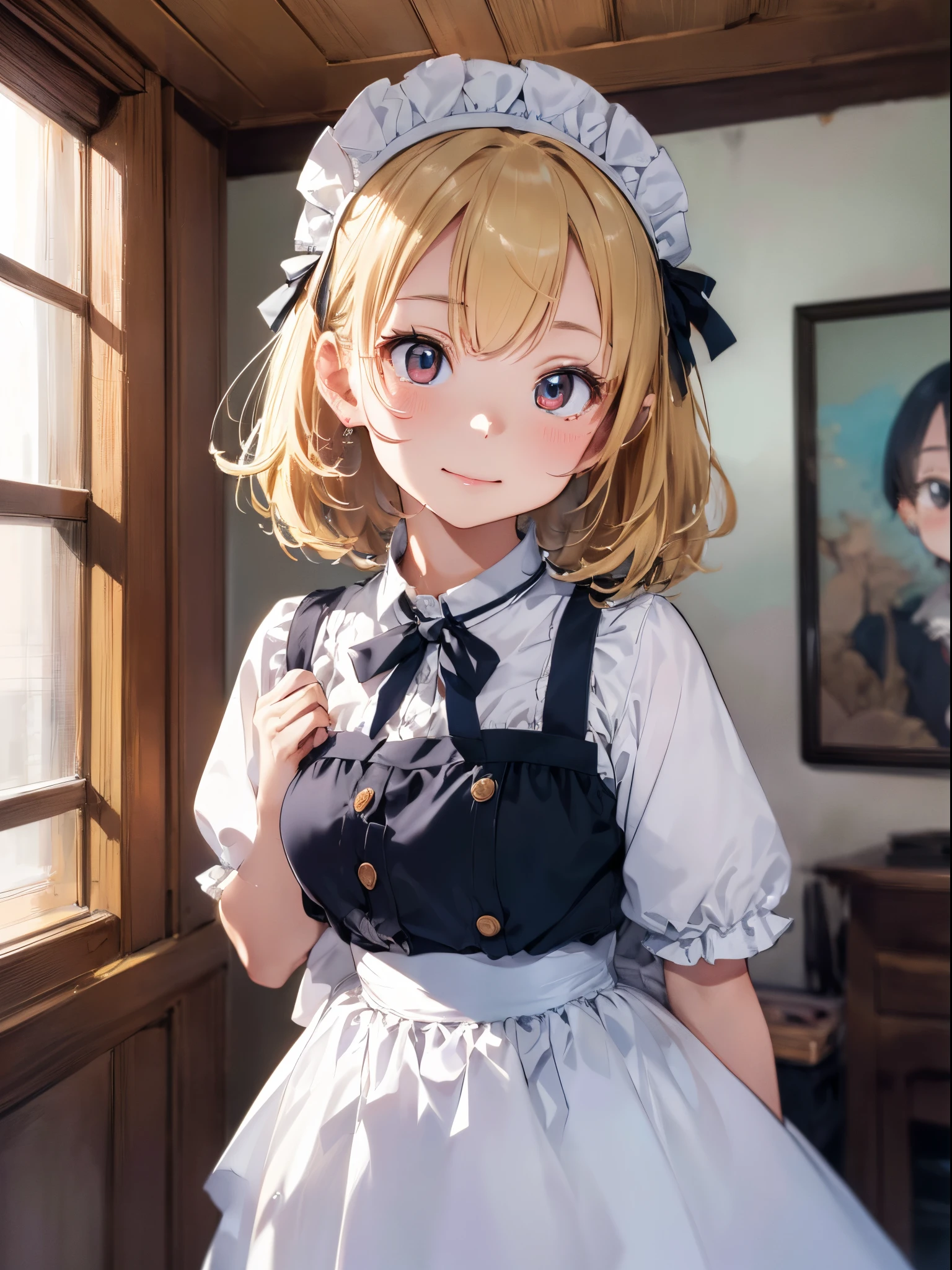 (Best Picture Quality, 4K, High Quality, Masterpiece:1.2), ((Masterpiece)), High Detail, High Quality, (HDR,16k, RAW Beautiful Girl Portrait, Best Picture Quality, Masterpiece:1.2), (Ultra-Definition Illustration), extremely cute, round face, (Petite girl:1.1), (blond wavy short hair), maid,