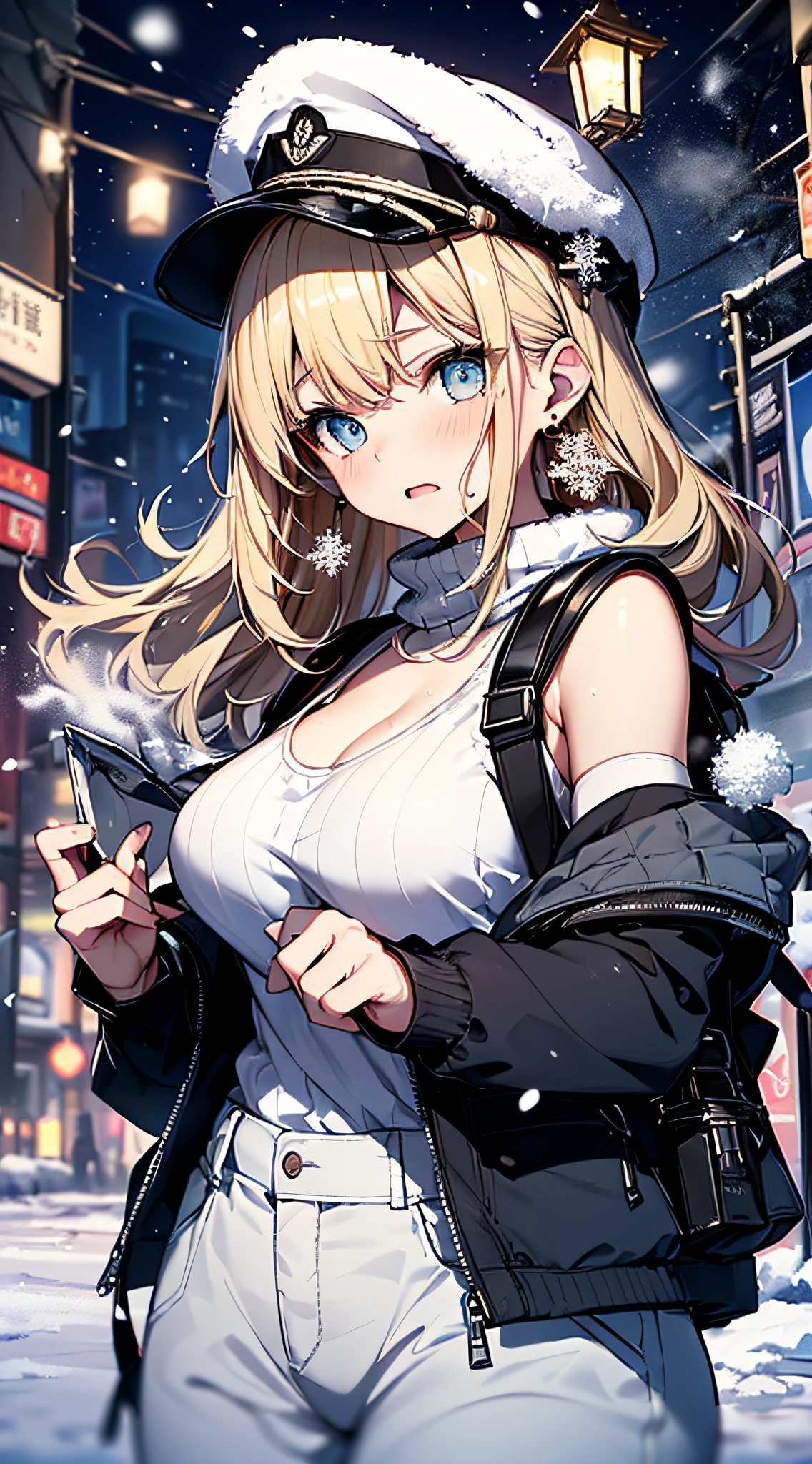 top-quality、Top image quality、​masterpiece、girl with((Black jacket、Blue tank top、White trousers、sixteen years old、teen ager、cute little、Best Bust、big bast,Beautiful light blue eyes、Breasts wide open, a blond、A slender,Large valleys、belligerent movements,military backpack、dye one's cheeks red、shivering、sapphire earrings、exhale white、Hats、holding lantern)),hiquality、Beautiful Art、Background with((Ice Burn City at night、snowflakes falling、Heavy snow falls)))、masutepiece、depth of fields,8K