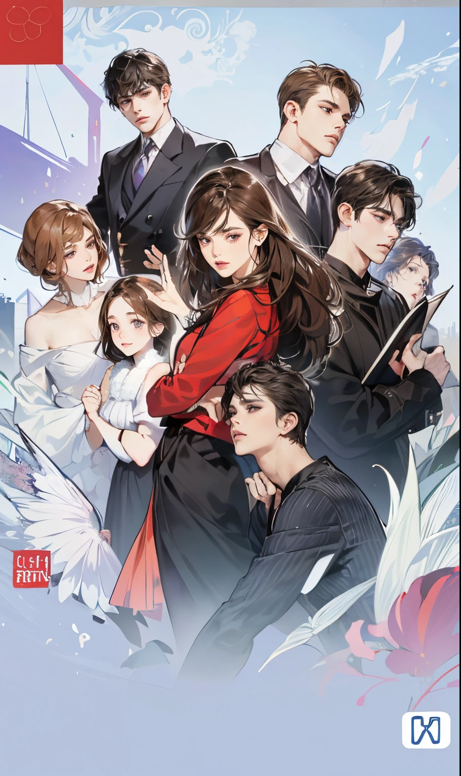masterpiece, best quality, realistic, 1woman, 4 man, mature female, mature male, 25 years old, close his eyes, closed mouth, extremely detailed face, ((dark purple eyes)), ((woman with Black long hair with French twist)), [thin eyebrows woman], accurate, in the town, ((man with black eyes and Short dark brown hair)), [thick eyebrows woman]