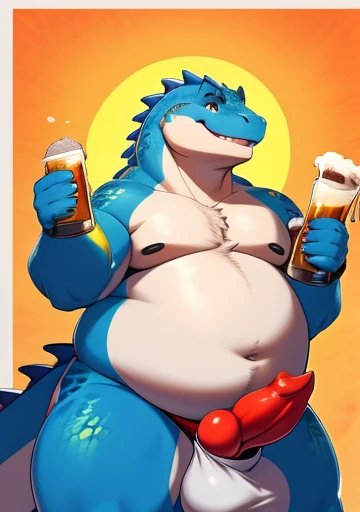 Correct body proportions,Red genitalia,Blue glands,male people,filaligat,chubbiness,Fat minora,Shirtless,victory pose,The erection,Lizard's genitals,knot,big balls,beer belly, male people, Detailed pubic hair, A high resolution,and the sun was shining brightly, tmasterpiece,Excessive obesity,Obesity in the extremities,