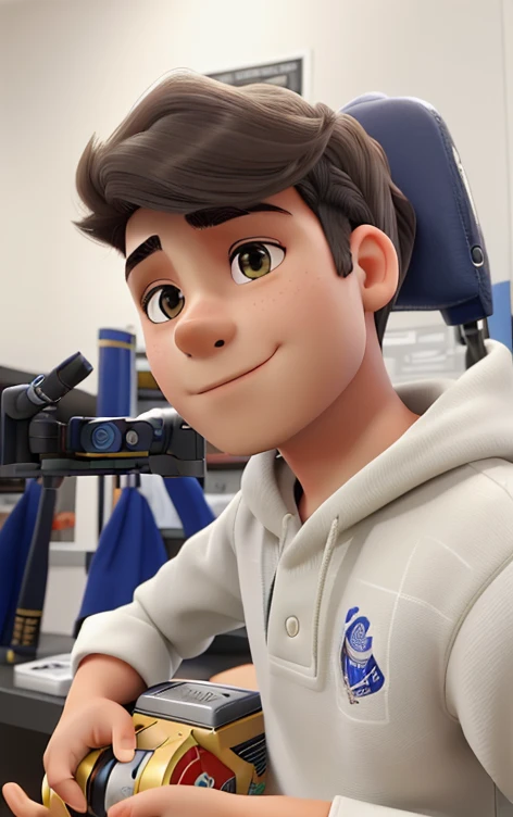 Beautiful boy, com cabelos e olhos escuros, sardas na bochecha, usando uma casaco brando e fazendo um joinha para a camera