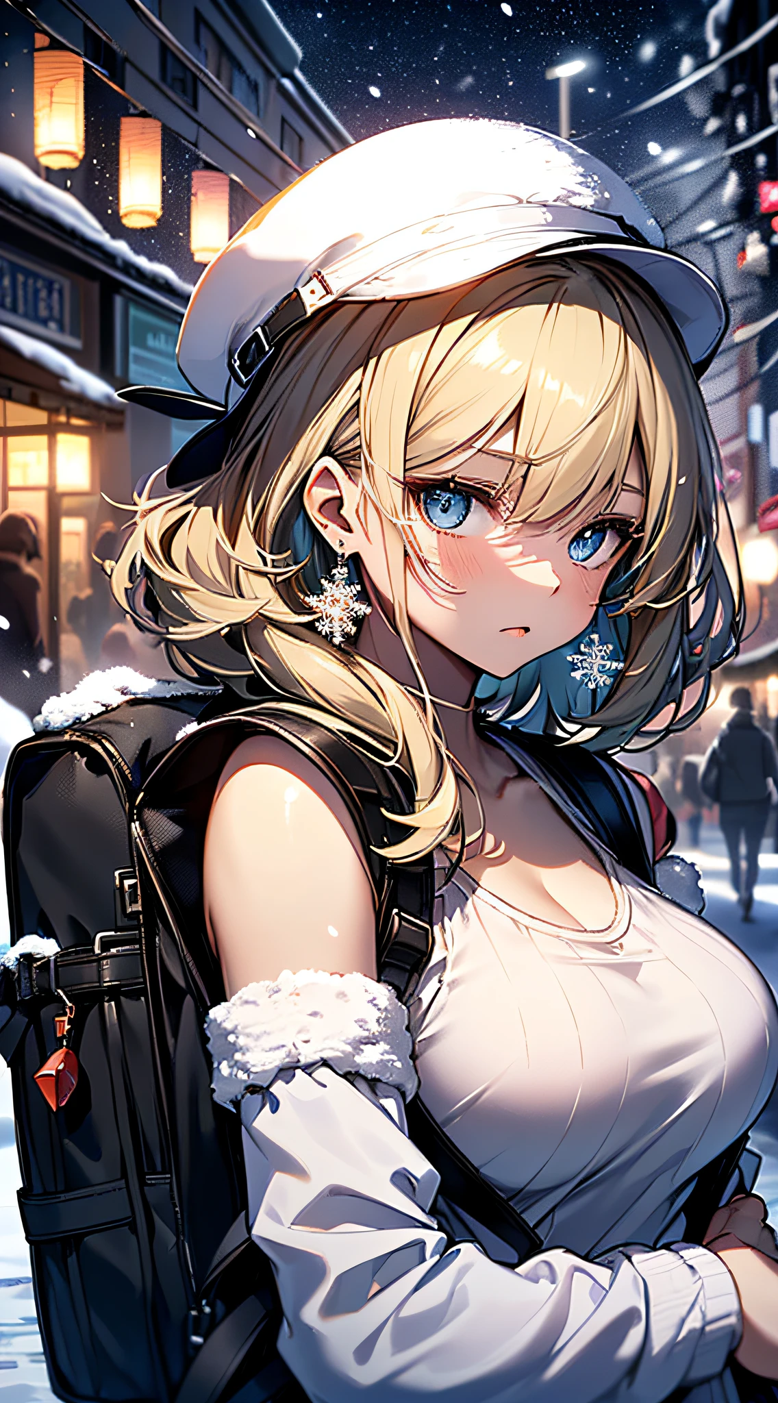top-quality、Top image quality、masterpiece、girl with((Black jacket、Blue tank top、White trousers、、teen ager、cute lit Bust、big bast,Beautiful light blue eyes、Breasts wide open, a blond、A slender,Large valleys、belligerent movements,military backpack、dye one's cheeks red、shivering、sapphire earrings、exhale white、Hats、holding lantern)),hiquality、Beautiful Art、Background with((Ice Burn City at night、snowflakes falling、Heavy snow falls)))、masutepiece、depth of fields,8K