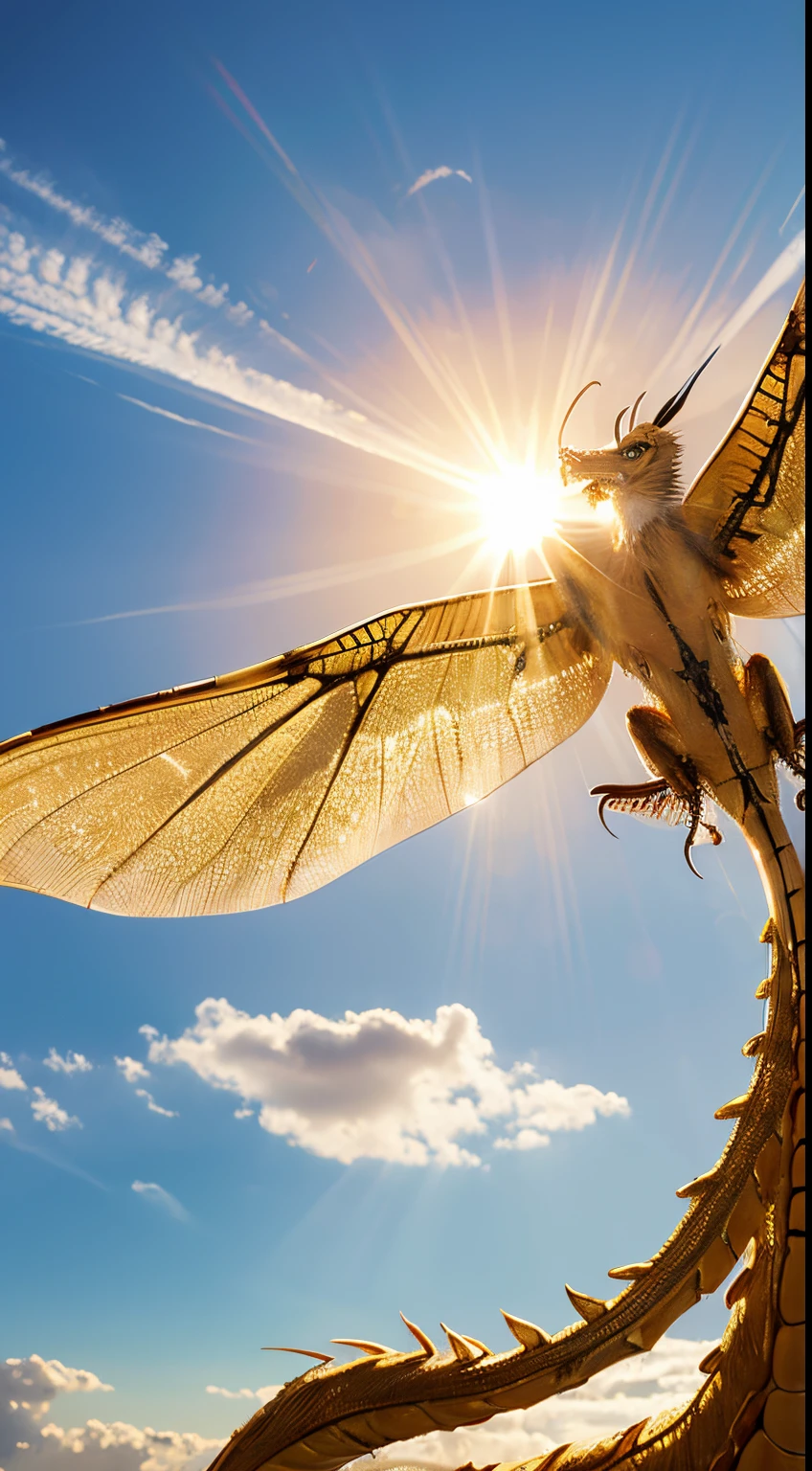 A golden dragon flies in the sky,The sun shines on it