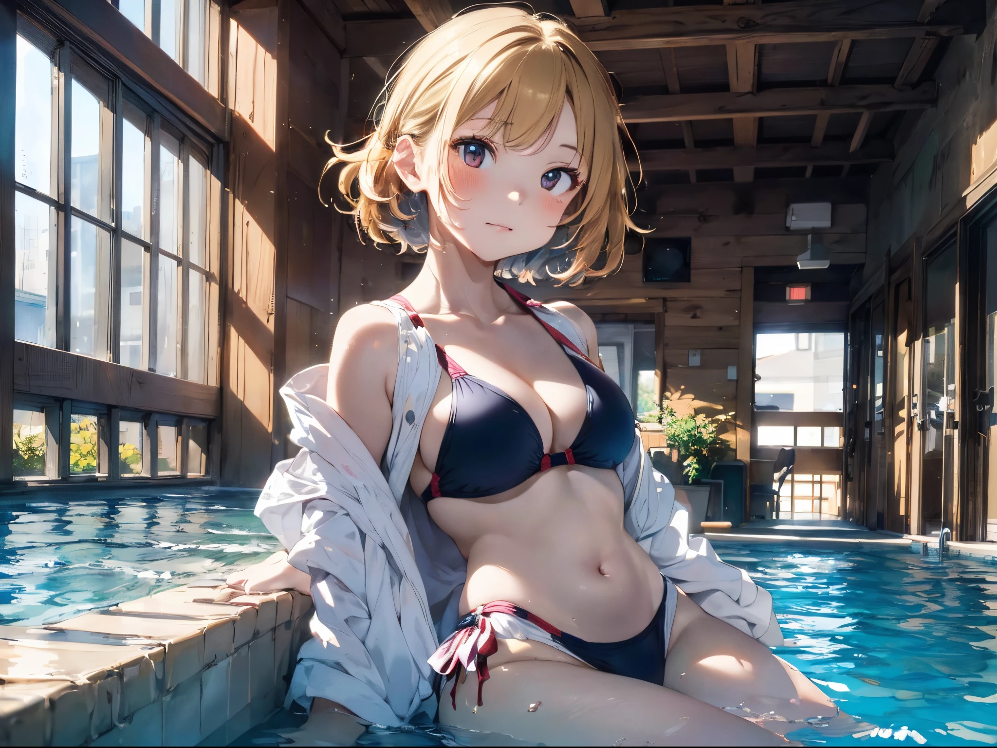 (Best Picture Quality, 4K, High Quality, Masterpiece:1.2), ((Masterpiece)), High Detail, High Quality, (HDR,16k, RAW Beautiful Girl Portrait, Best Picture Quality, Masterpiece:1.2), (Ultra-Definition Illustration), extremely cute, round face, (Petite girl:1.1), poolside, (blond wavy short hair), swimsuit,