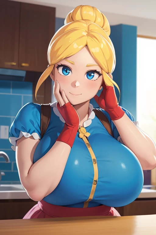 独奏, a 1girl, Piper, ssmile, (gigantic breasts), (hand on cheek:1.2), blonde woman, hair bun, blue dress, puffy short sleeves, partially fingerless gloves, kitchen, BREAK (Masterpiece:1.2), Best Quality, High Resolution, Unity 8k壁纸, (illustartion:0.8), (pretty eyes:1.6), extremely detailed face, perfect  lighting, extremely detailed CGI, (Perfect fingers, perfect anatomy)