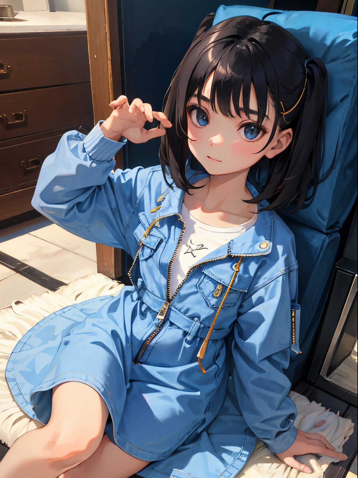(child),(masterpiece,Highest Quality),(denim zip up dress:1.4),shortsleeves,A dark-haired,outside of house