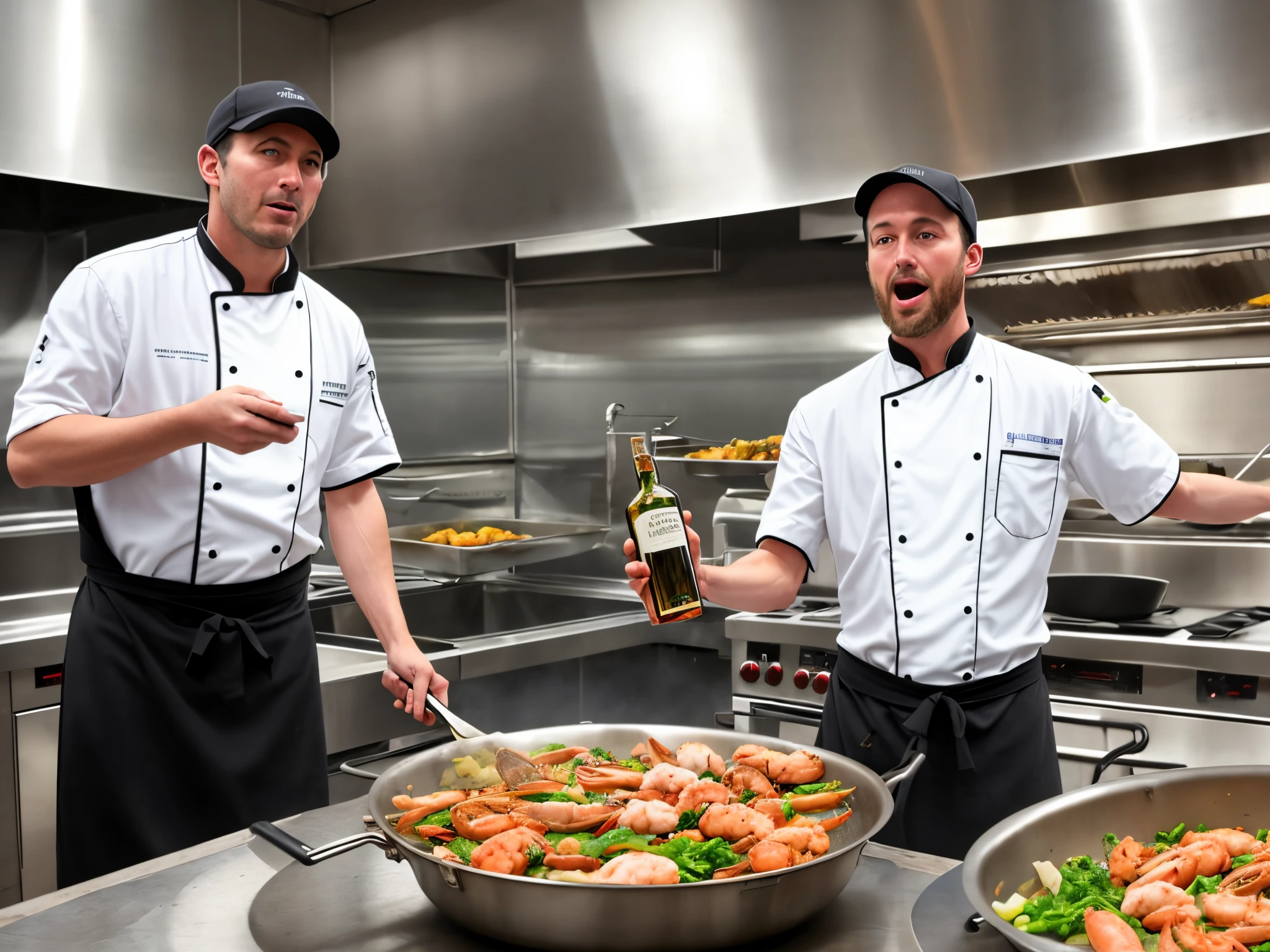 A drunk man, holding a bottle of alcohol, stands in a large frying pan.  There was a chef frying seafood in a pan where this man was standing.