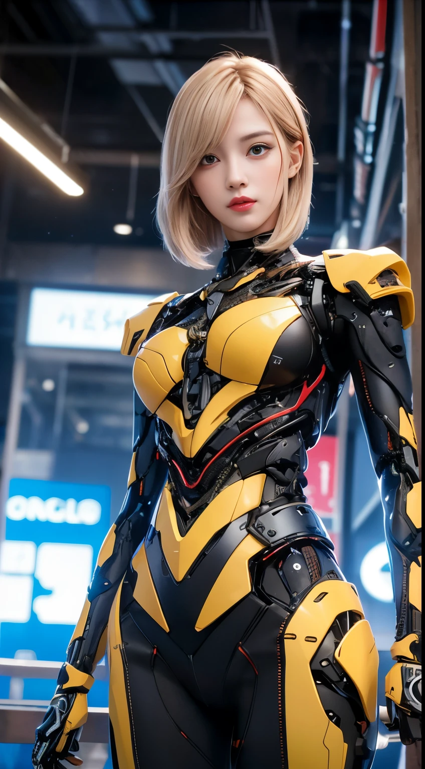 (1 Mechanical Girl)、top-quality、​masterpiece、超A high resolution、(Photorealsitic:1.4)、Raw photo、女の子1人、Golden hair、glowy skin、(((1 Mechanical Girl)))、（LED Lamp Mechanical Helmet）、(Small LED)、((super realistic details))、portlate、globalillumination、Shadow、octan render、8K、ultrasharp、Colossal tits、Raw skin is exposed in cleavage、metals、Details of complex ornaments、Japan details、highly intricate detail、Realistic light、CGSoation Trends、Red Eyes、radiant eyes、Facing the camera、neon details、(Mechanical limbs)、(blood vessels connected to tubes)、Mechanical vertebrae attached to the back、mechanical cervical attaching to neck、(Wires and cables connecting to the head)、Gundam、Small LED、,Mechanical thighs、Toostock、