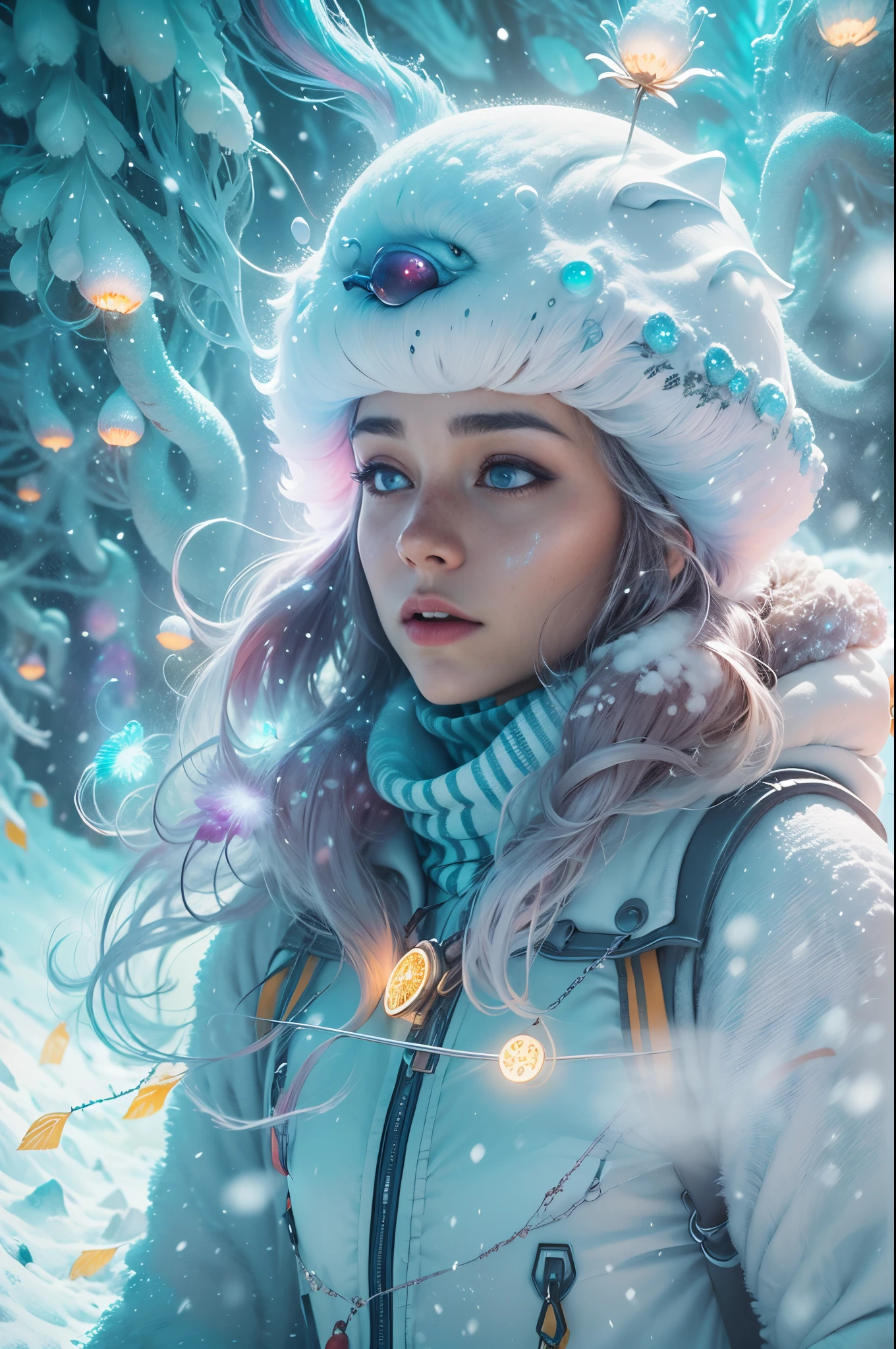 (Best quality, 8K, A high resolution, tmasterpiece:1.2), ultra - detailed, (actual, realistically, realistically:1.37), vivd colour, Magical atmosphere, Whimsical, ((1 girl wearing ski equipment,In skiing,It's snowing,snowflower,White snow)), Surreal, Psychedelic, Complicated details, Beautiful texture, Ethereal, like a dream, soft luminescent glow, Charming Patterns, Fantasy creatures, Hidden surprises, Fantastic snowscape, Surreal color palette, Mystic aura, ultra-realistic realism, Enchanting journey, psychedelic trip, vivid imagination, immersive experience, mysterious creature, otherworldly charm, glowing paths, Snow lighting up arctic forests, surreal sky, Whimsical landscape,, Wonderful encounter in the snow, Charming snow art
