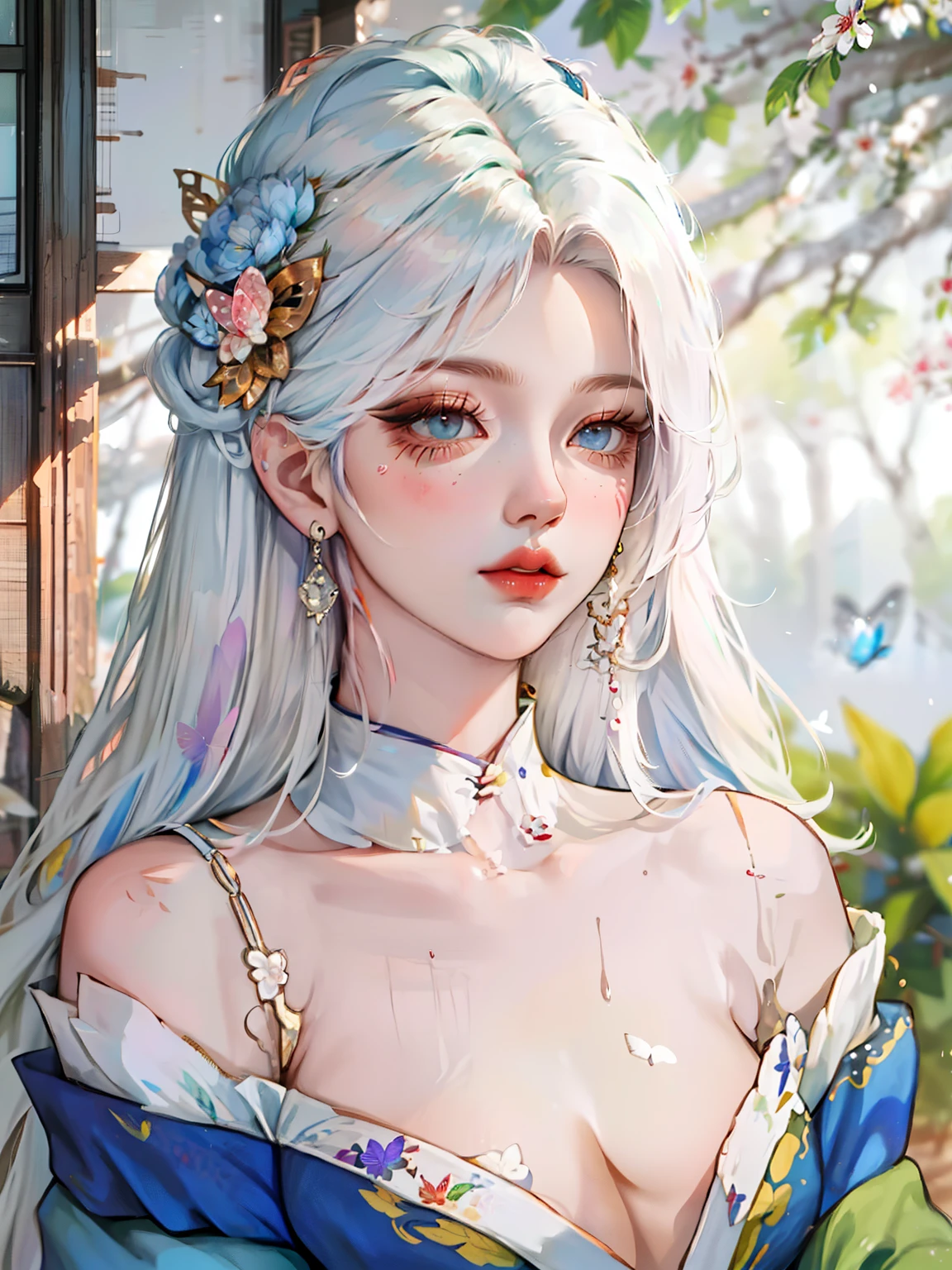 shukezouma, octane render, hdr, (hyperdetailed:1.15), (soft light, sharp:1.2), 1girl, beautiful girl, ultra detailed eyes, mature, plump, thick, rainbow painting drops,splat, splash, long colored hair, ultra detailed texture kimono, (hair ornaments, earrings, flowers hair ornaments, butterflies hair ornaments), outdoors, sakura trees