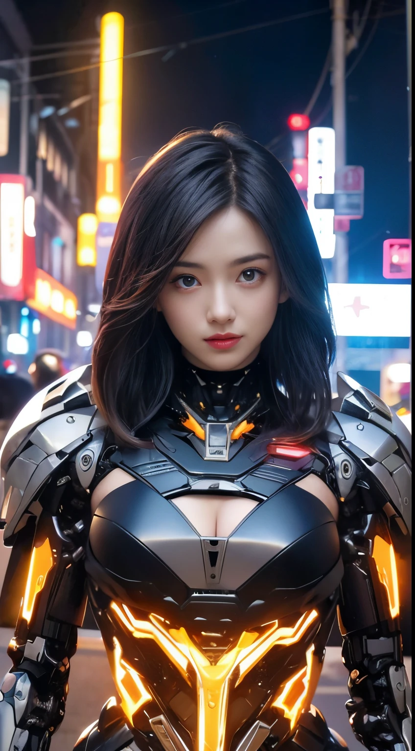 (1 Mechanical Girl)、top-quality、masterpiece、超A high resolution、(Photorealsitic:1.4)、Raw photo、1人、Golden hair、glowy skin、(((1 Mechanical Girl)))、(LED Lamp Mechanical Helmet)、(Small LED)、((super realistic details))、portlate、globalillumination、Shadow、octan render、8K、ultrasharp、Colossal tits、Raw skin is exposed in cleavage、metals、Details of complex ornaments、Japan details、highly intricate detail、Realistic light、CGSoation Trends、Red Eyes、radiant eyes、Facing the camera、neon details、(Mechanical limbs)、(blood vessels connected to tubes)、Mechanical vertebrae attached to the back、mechanical cervical attaching to neck、(Wires and cables connecting to the head)、Gundam、Small LED、,Mechanical thighs、Toostock、
