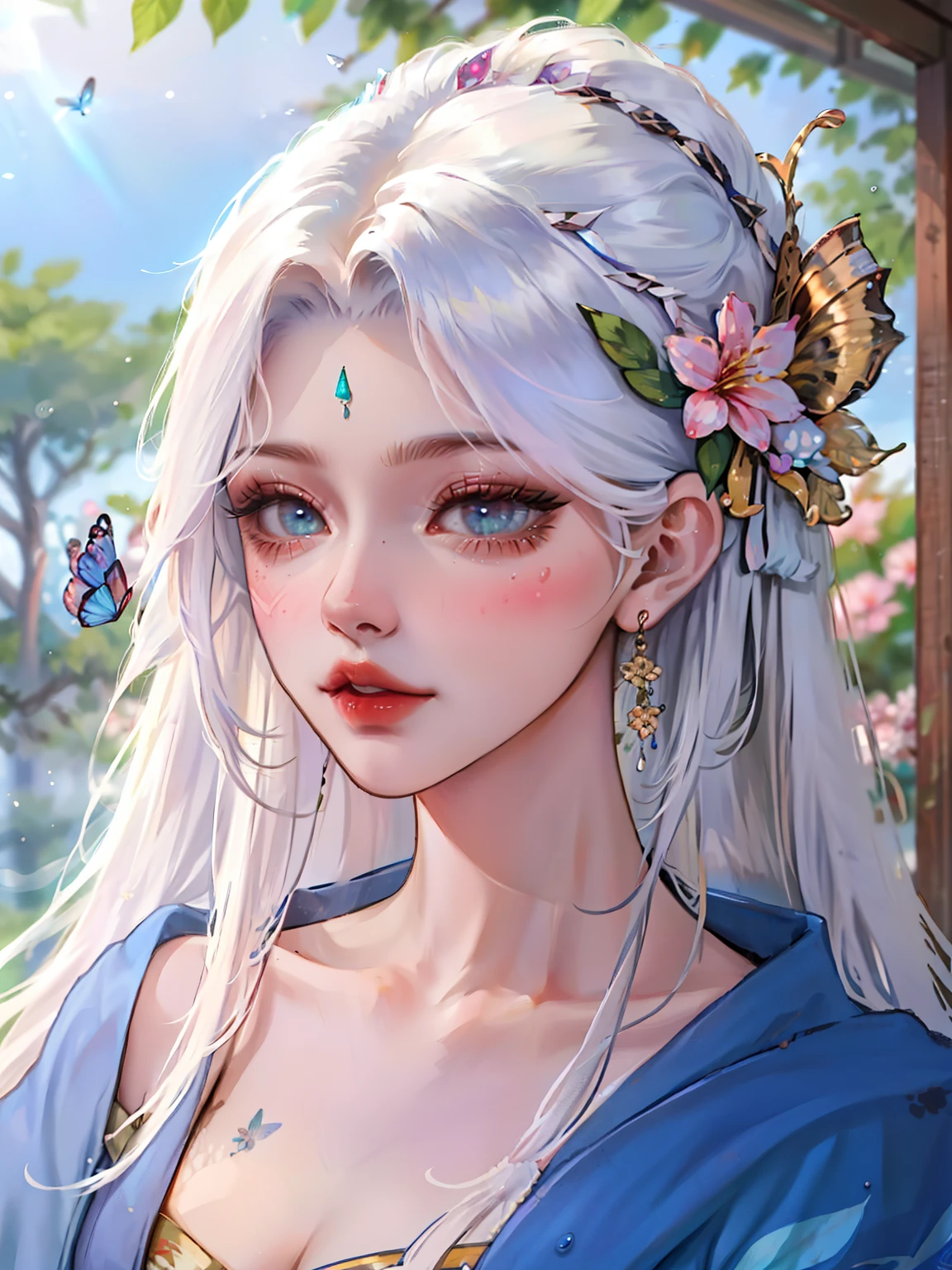 shukezouma, octane render, hdr, (hyperdetailed:1.15), (soft light, sharp:1.2), 1girl, beautiful girl, ultra detailed eyes, mature, plump, thick, rainbow painting drops,splat, splash, long colored hair, ultra detailed texture kimono, (hair ornaments, earrings, flowers hair ornaments, butterflies hair ornaments), outdoors, sakura trees