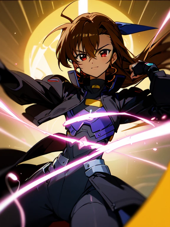 (Dark skin otokonoko), cute,(1 boy) very long dark brown hair, red eyes, (flat chested) wearing (Magical Girl Lyrical Nanoha StrikerS: Vivio Takamachi black barrier jacket black armoured bodysuit), black gauntlets, cute smile, close up