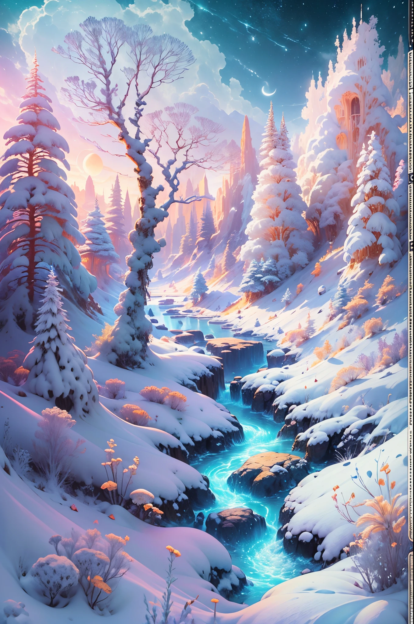 (Best quality at best, 8K, A high resolution, tmasterpiece:1.2), ultra - detailed, (actual, realistically, realistically:1.37), Vibrant colors, magical ambiance, Whimsical, ((pure、White snow,Like the elves dancing between heaven and earth;The shining light embellishes the whole world into a diamond-like wonder.;mountain peaks、the woods、The creeks and villages are covered with snow,It forms a magnificent picture)), Surreal, Dreamy, Complicated details, Beautiful texture, Ethereal, like a dream, soft luminescent glow, Charming Patterns, Hidden surprises, Fantastic snowscape, Surreal color palette, Mystic aura, ultra-realistic realism, Enchanting journey, psychedelic trip, vivid imagination, immersive experience, otherworldly charm, glowing paths, Lighting up the snow in the arctic forest, surreal sky, whimsical white scenery,, A magical encounter in the snow, Charming snow art
