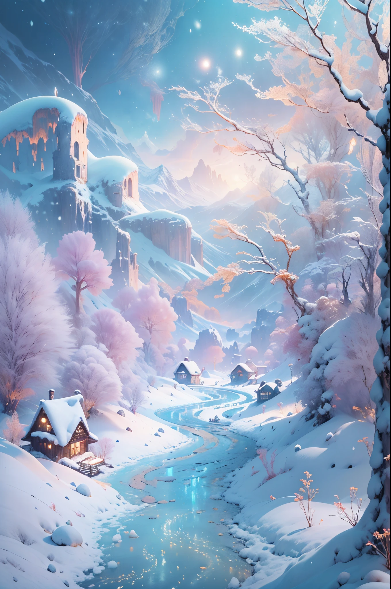 (Best quality at best, 8K, A high resolution, tmasterpiece:1.2), ultra - detailed, (actual, realistically, realistically:1.37), Vibrant colors, magical ambiance, Whimsical, ((pure、White snow,Like the elves dancing between heaven and earth;The shining light embellishes the whole world into a diamond-like wonder.;mountain peaks、the woods、The creeks and villages are covered with snow,It forms a magnificent picture)), Surreal, Dreamy, Complicated details, Beautiful texture, Ethereal, like a dream, soft luminescent glow, Charming Patterns, Hidden surprises, Fantastic snowscape, Surreal color palette, Mystic aura, ultra-realistic realism, Enchanting journey, psychedelic trip, vivid imagination, immersive experience, otherworldly charm, glowing paths, Lighting up the snow in the arctic forest, surreal sky, whimsical white scenery,, A magical encounter in the snow, Charming snow art