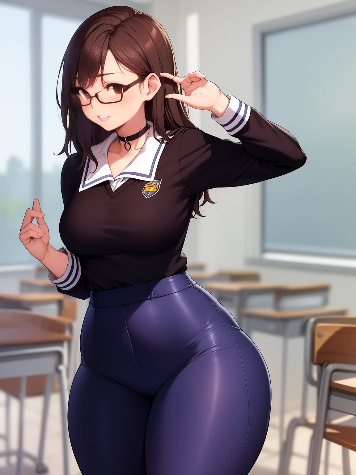 Slim Thicc, Nerdy, School Uniform, Classroom, Glasses, Cute, Brown Eyes, 16 year old, Young, Smart, Choker, Small Waist, Big Buttocks, Curvy