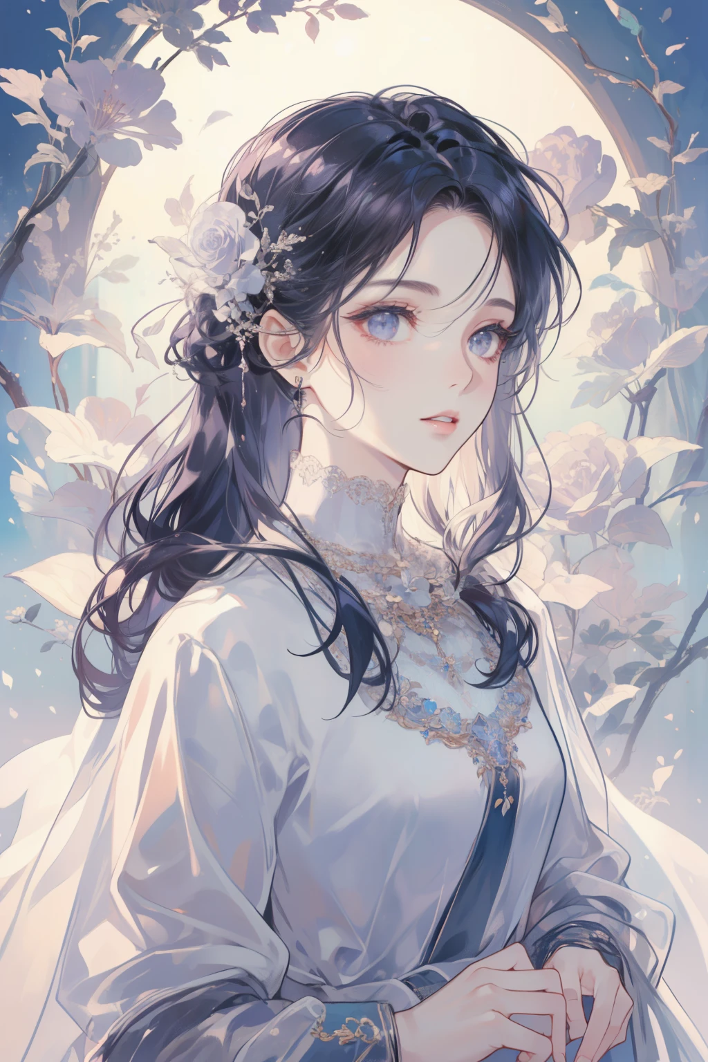 A woman in a white dress with a flower in her hair - SeaArt AI