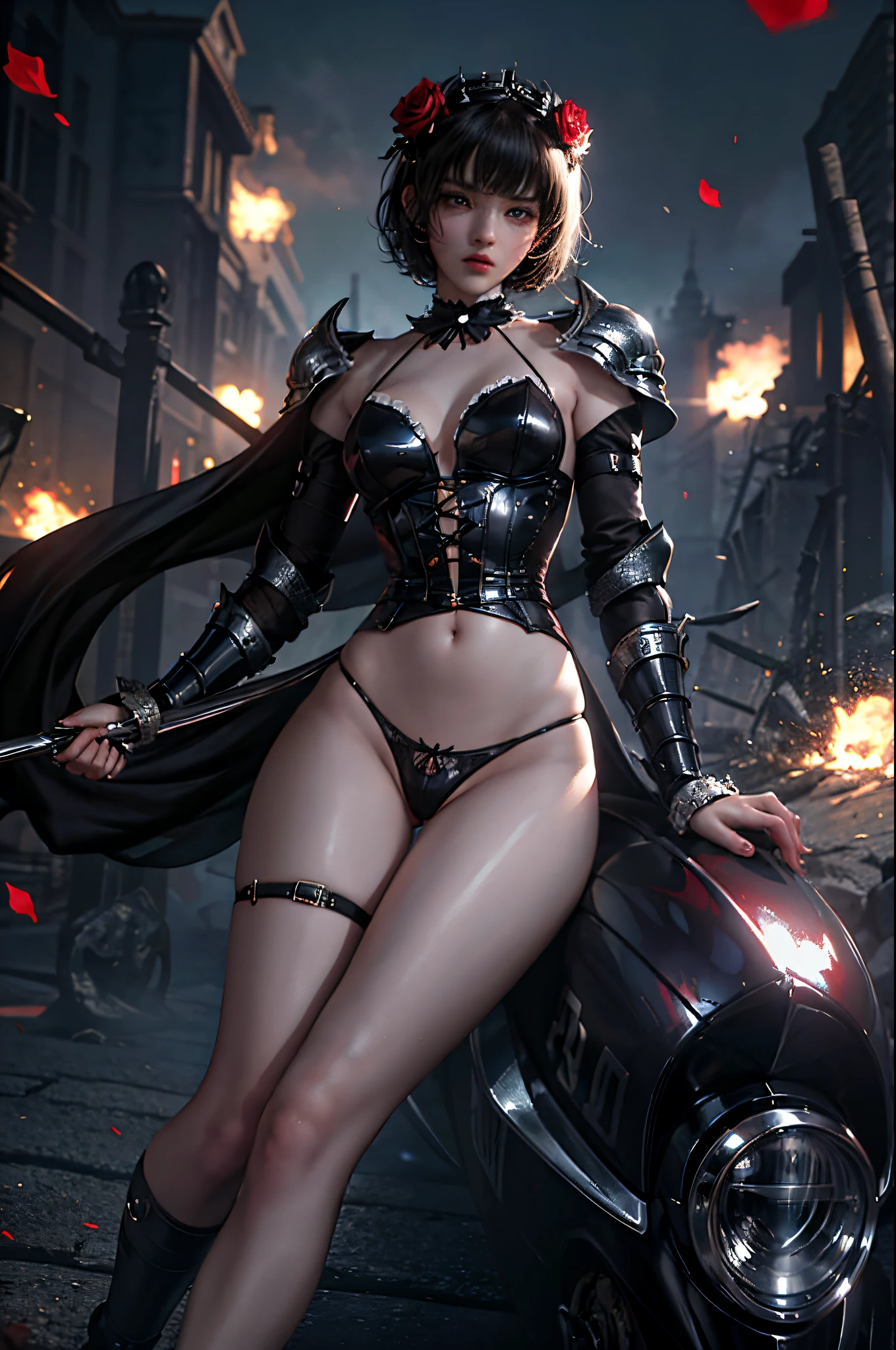 Cute girl, battle scene, pretty eyes, cool expression, short hair, full body shot, seductive, portrait quality, 8K resolution, rich details, small round face, maid outfit, hand cupped face, rose hair accessory,showing pussy, fair skin, mood lighting, wearing battle armor, aperture f/1.2